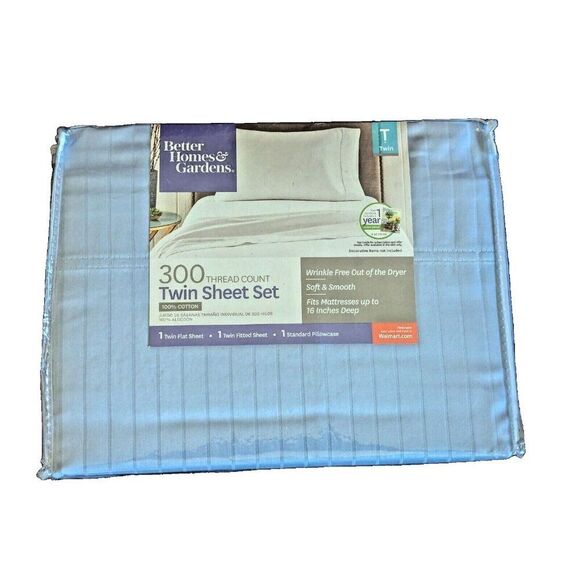 Blue Water Damask Twin Bedding Sheet Set 300 Thread Count Blue Stripe 3-Piece - Picture 1 of 5